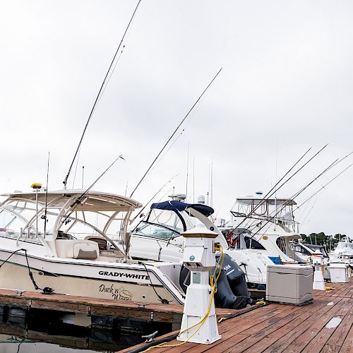 The image shows several boats docked at a wooden pier on a cloudy day, with fishing rods prominent on some of the boats.