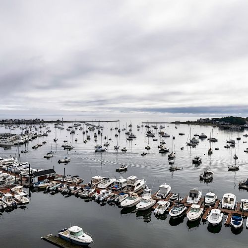 A marina filled with numerous boats is seen under an overcast sky, with sailboats anchored in the distance and the shore in the background.