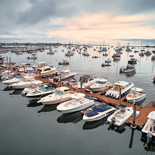 A marina with several boats docked at wooden piers, and numerous other boats anchored in a calm body of water.